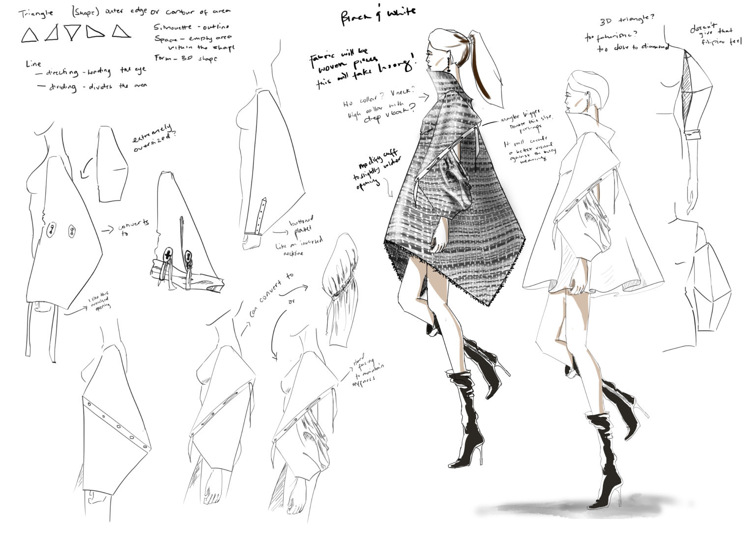 Draft 4. Exploring triangle shape through volume and detailed sleeves